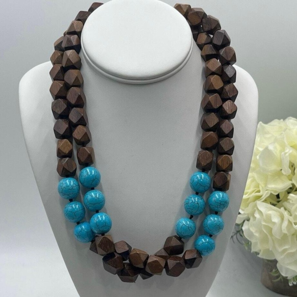 Kenneth Jay Lane KJL Vintage Signed Two Row Hand Knotted Wood Blue Bead Necklace